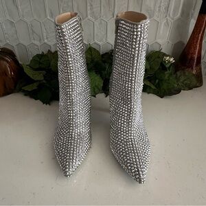 Betsey JohnsonRhinestone Ankle Boots Silver Glitter 8.5M Side Zipper Stiletto